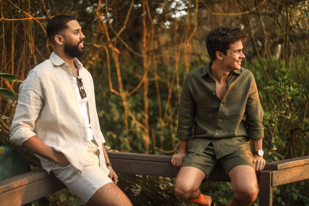Two men in 100% linen Khaki and Oatmeal Shirts and Shorts